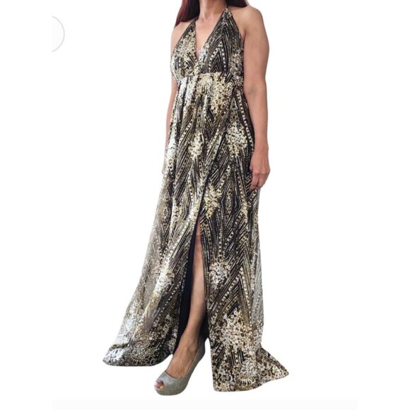 Hello Molly Gold & Black Halter Maxi Dress size 6 Sequined Formal Gown - Picture 1 of 9